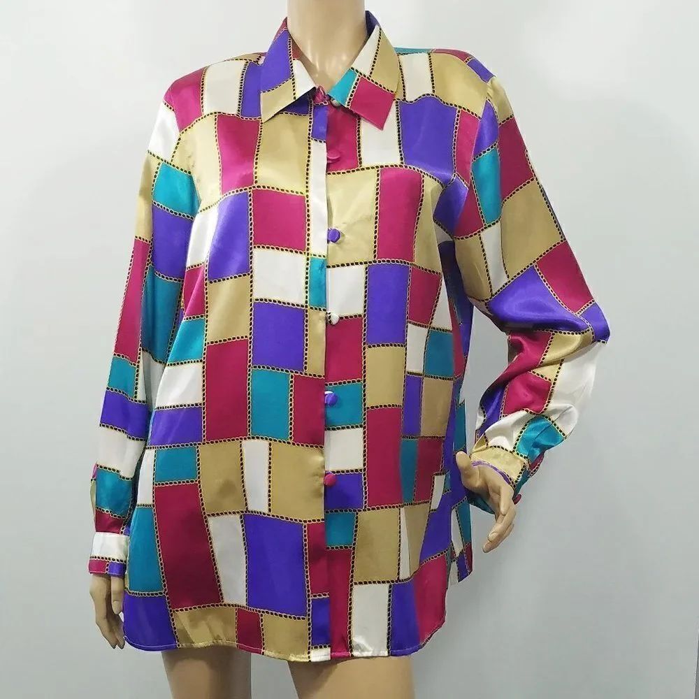 Christie and Jill Shirt Color Block Top Silky Fashion Blouse Chain Link